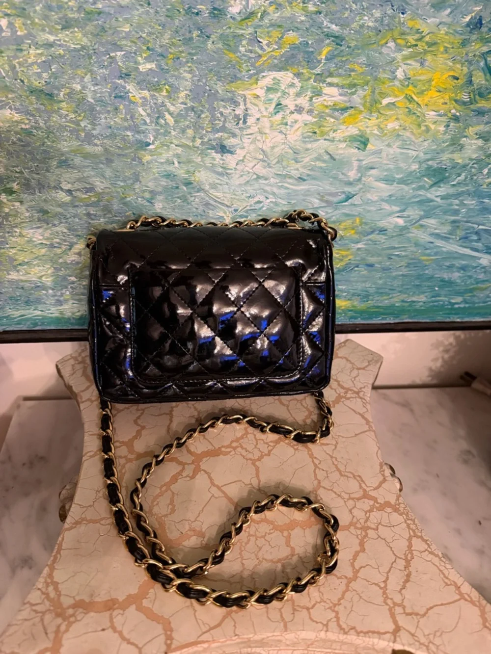CHANEL Vintage Black Quilted Patent Mini Crossbody with Gold Hardware